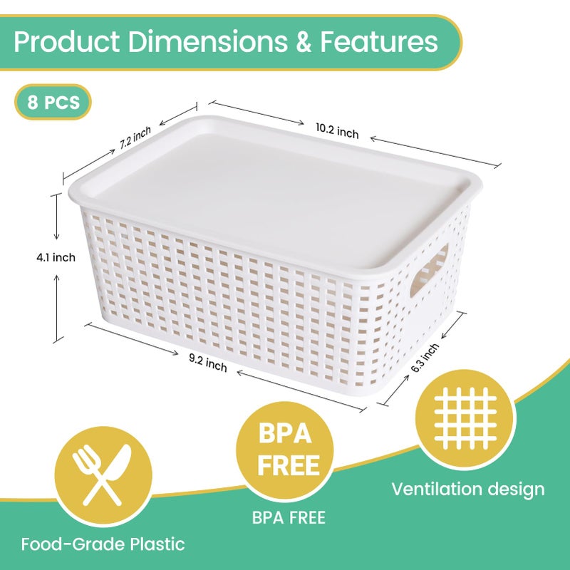 Ohmlove Plastic Storage Baskets with Lid-Plastic Storage Containers Stackable Storage bins: Storage Baskets for Organizing Shelves Drawers Desktop Closet Playroom Classroom Office 8Pack-White 10.2x7.2x4.1Inch - Image 2